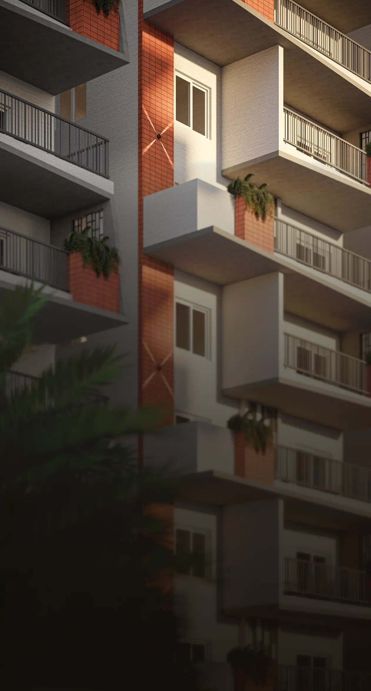 Modern apartment building facade with balconies, orange brick accents, and some green plants in the evening light.