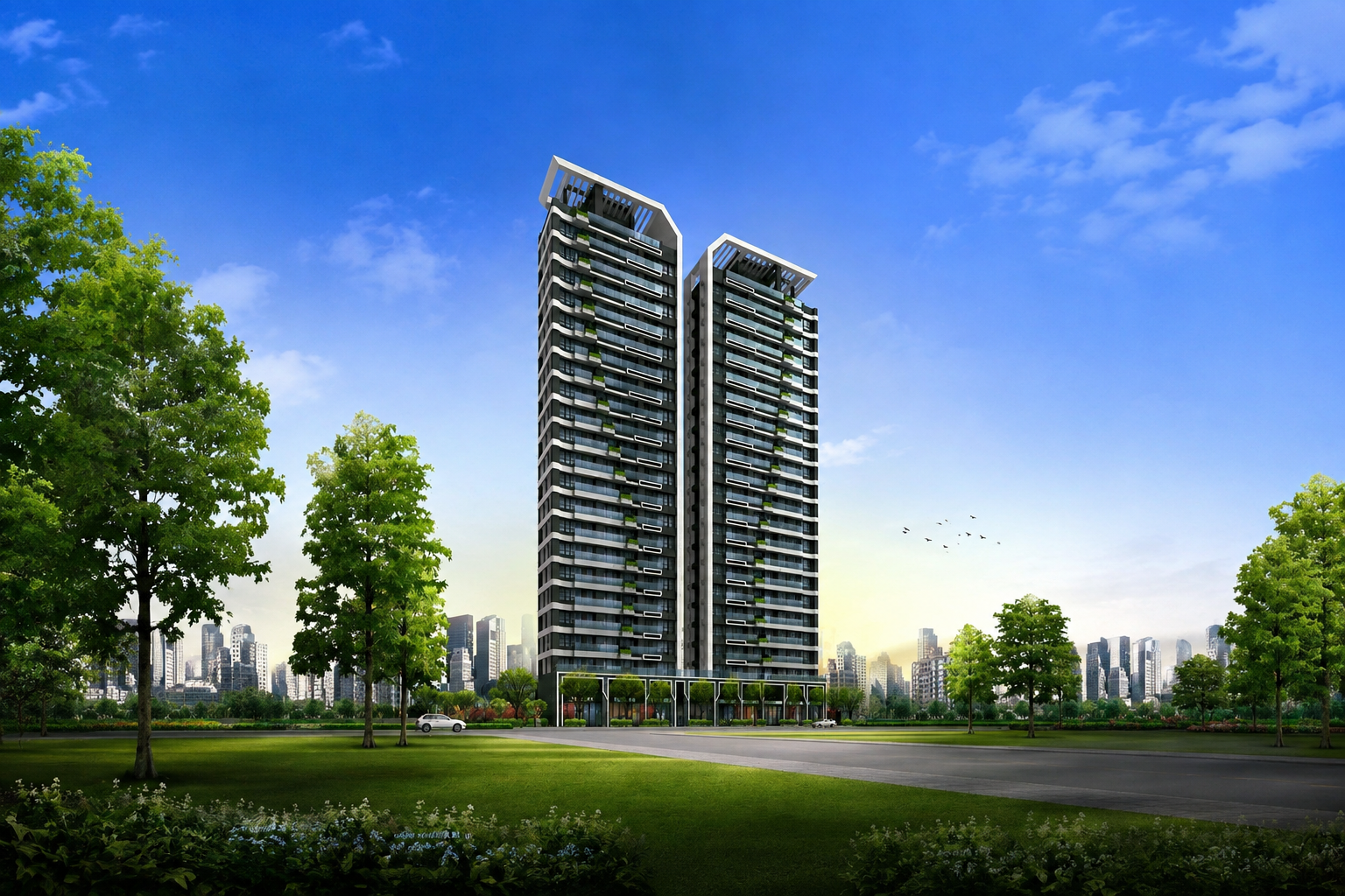 Tall modern residential building surrounded by smaller buildings and trees under a partly cloudy sky.