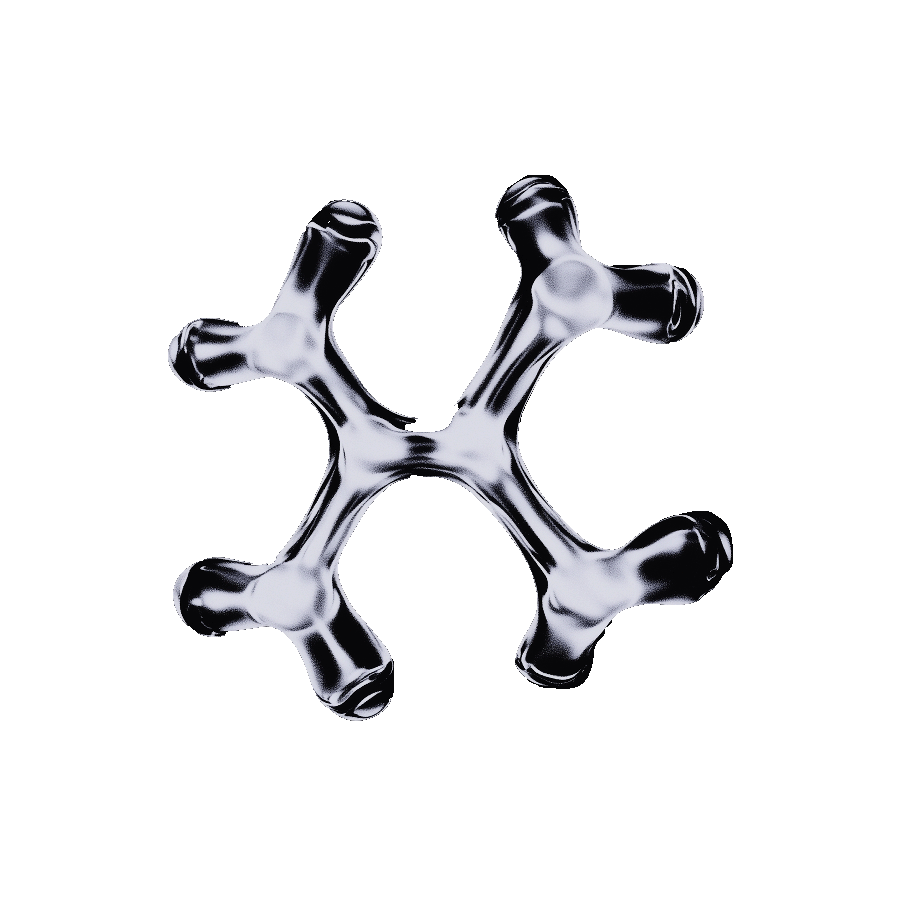 Three-dimensional translucent molecular structure with four arms extending from the center on a black background.