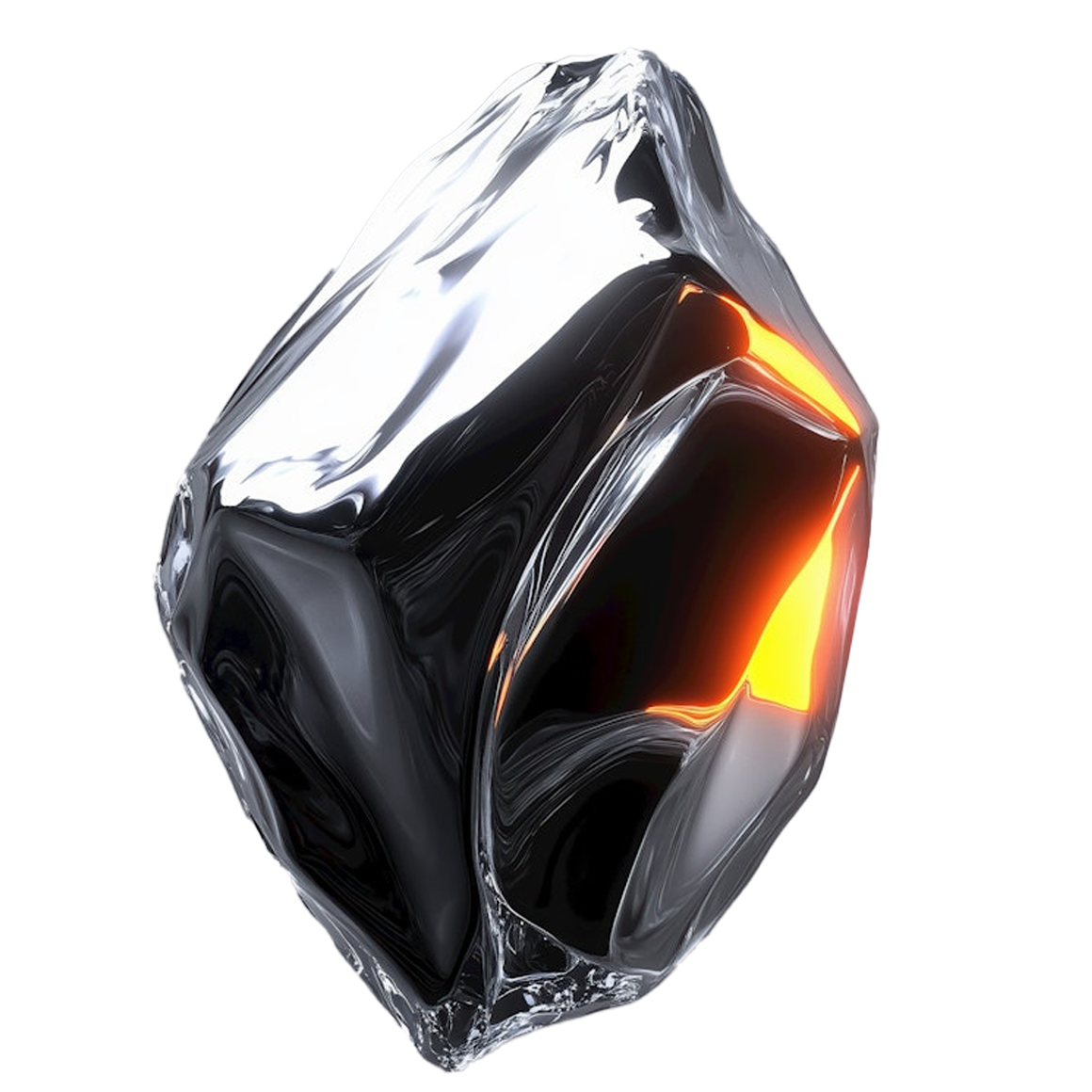 Shiny, abstract metallic stone with smooth surfaces and a glowing orange light reflected inside.