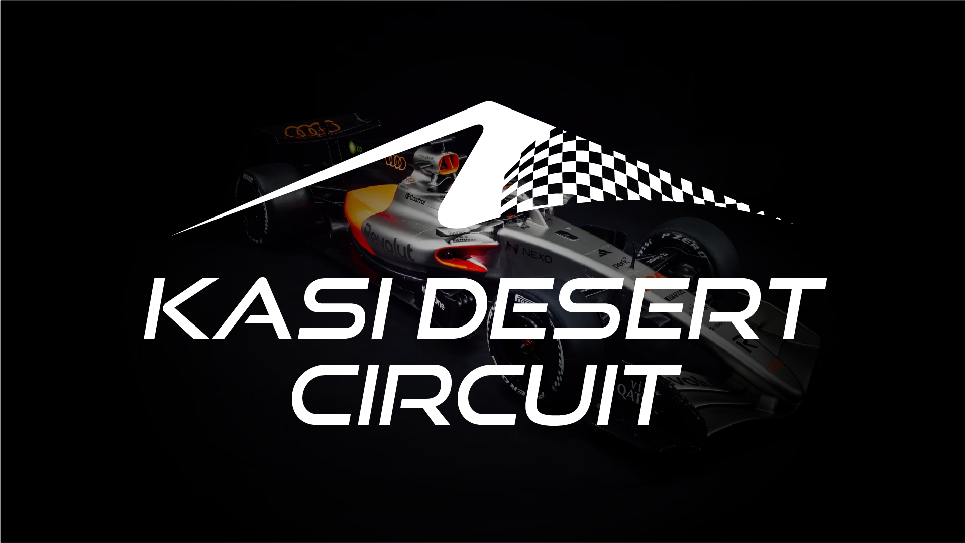 Kasi Desert Circuit logo with a stylized checkered flag and a partially visible Formula 1 race car in the background.
