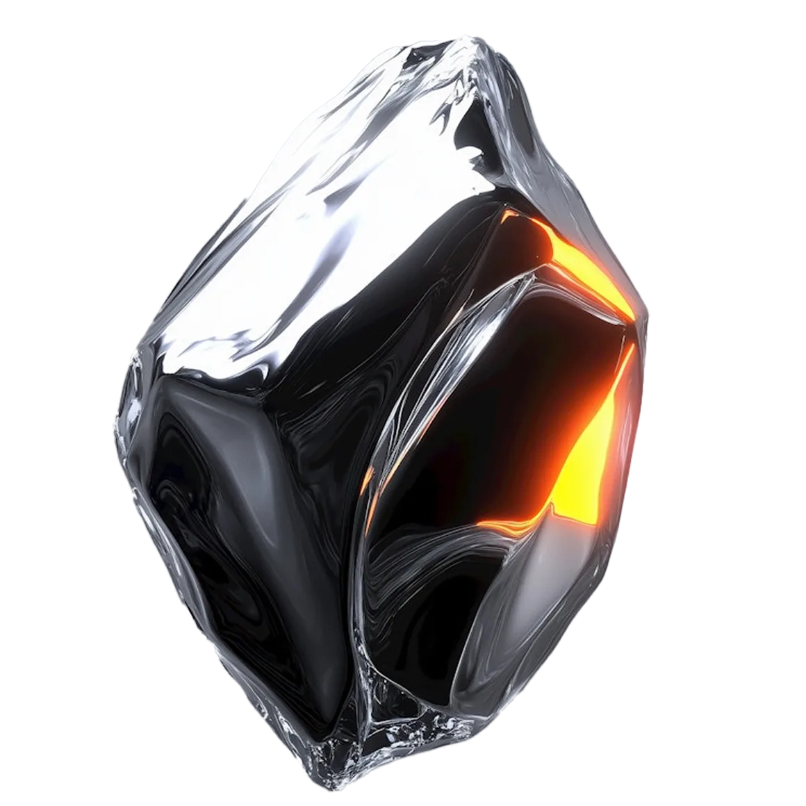 Shiny, abstract metallic stone with smooth surfaces and a glowing orange light reflected inside.