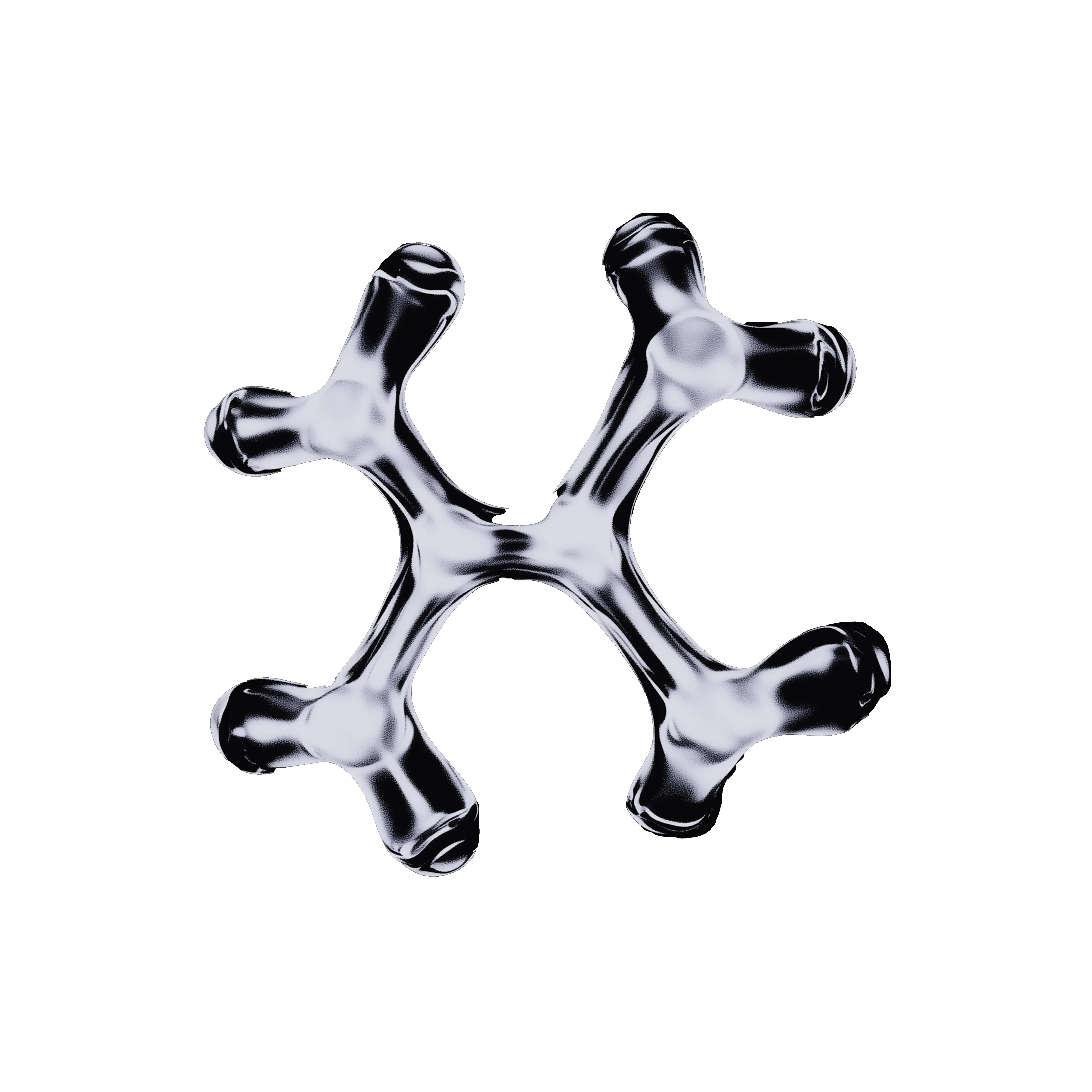 Three-dimensional translucent molecular structure with four arms extending from the center on a black background.