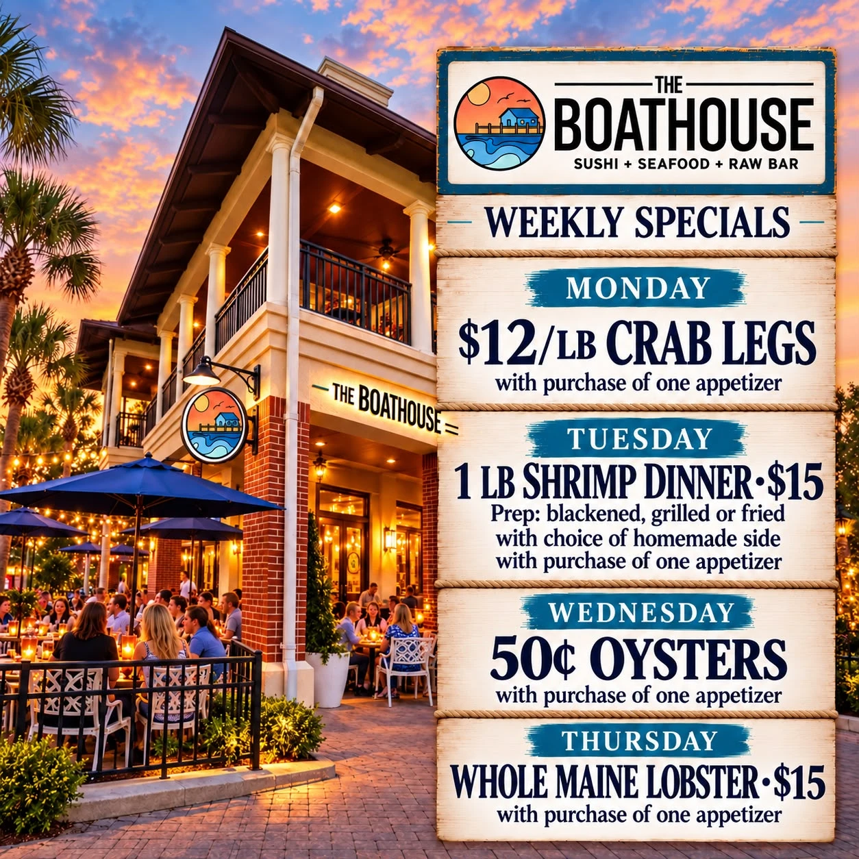 The Boathouse weekly specials: Monday $12 per pound crab legs, Tuesday 1 pound shrimp dinner $15, Wednesday 50 cent oysters, Thursday whole Maine lobster $15, each with purchase of one appetizer