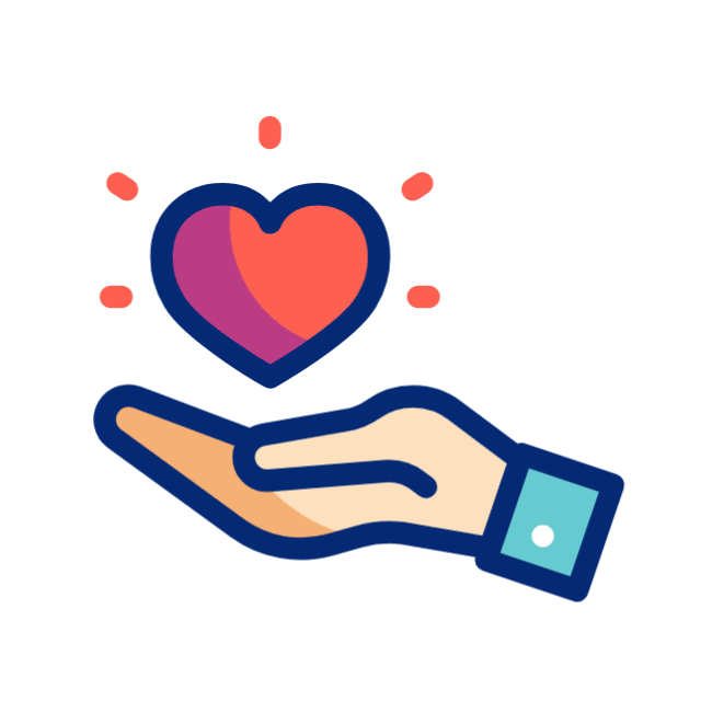 Main ouverte tenant un cœur rouge avec des éclats orange autour, symbolisant la générosité ou le soutien.