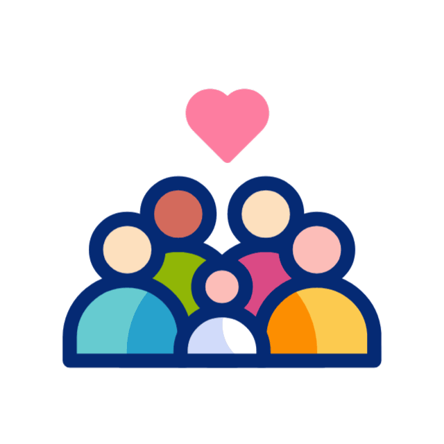 Icône de cinq personnes stylisées avec un cœur rose au-dessus, représentant la famille ou la communauté.