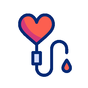 Icône d'un cœur rouge connecté à une poche de perfusion avec une goutte de sang.