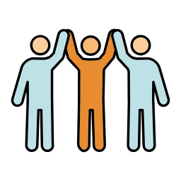 Trois figures humaines stylisées tenant les mains levées pour célébrer, avec la figure centrale en orange et les deux autres en bleu clair.