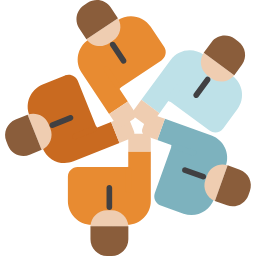 Illustration de quatre personnes en cercle posant les mains jointes au centre, symbolisant la collaboration.