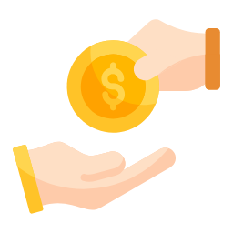 Une main tenant une pièce de monnaie dorée avec un symbole de dollar au-dessus d'une autre main ouverte recevant la pièce.