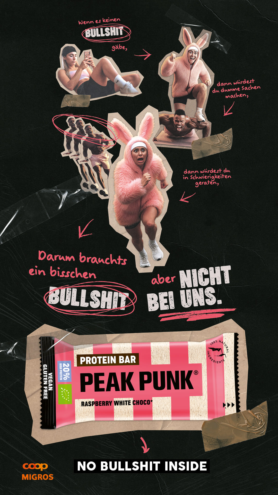 Peak Punk Sujet «Nicht bei uns.» mit einem Hasen und dem Protein-Riegel