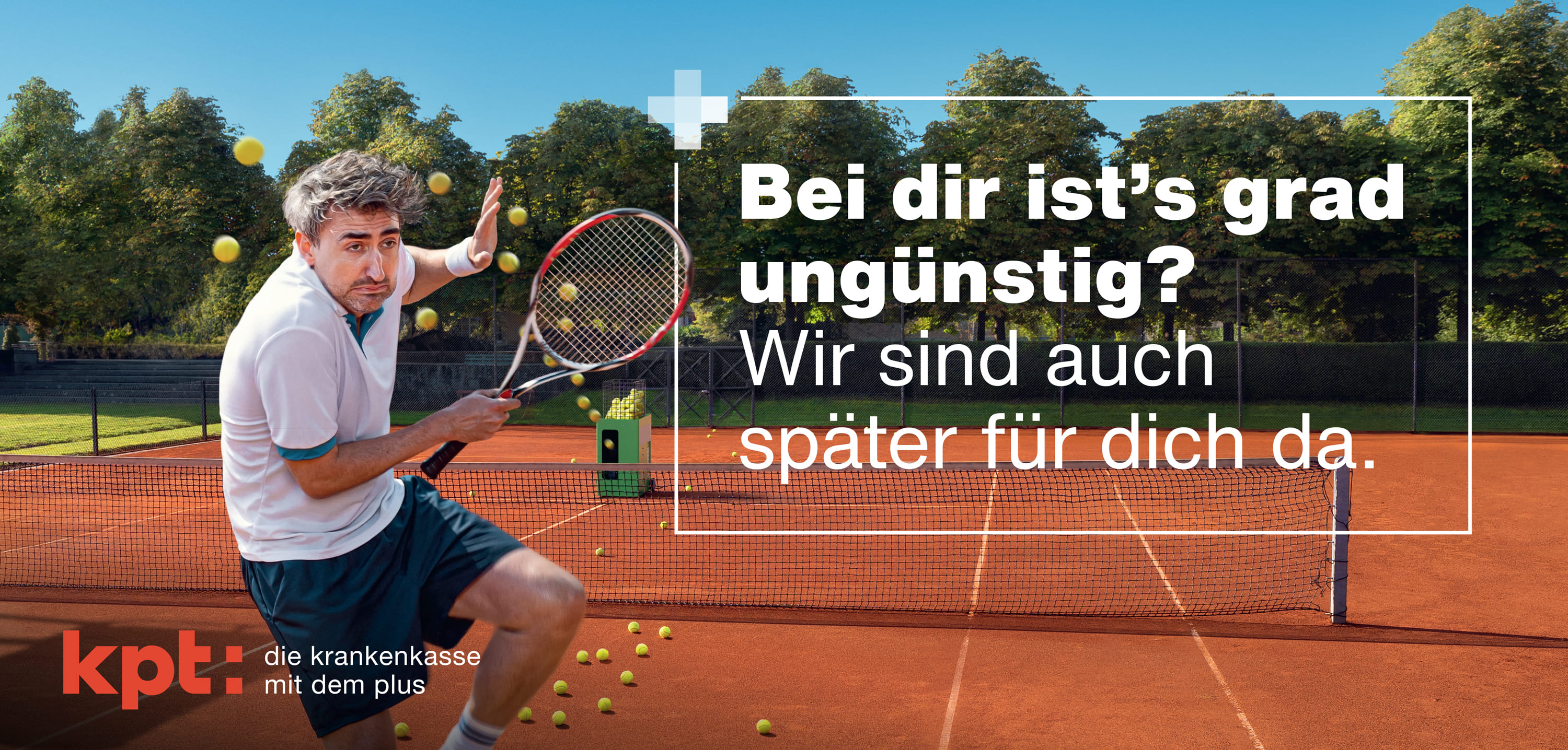 KPT Sujet «Bei dir ist's grad ungünstig? Wir sind auch später für dich da.» mit Tennisspieler