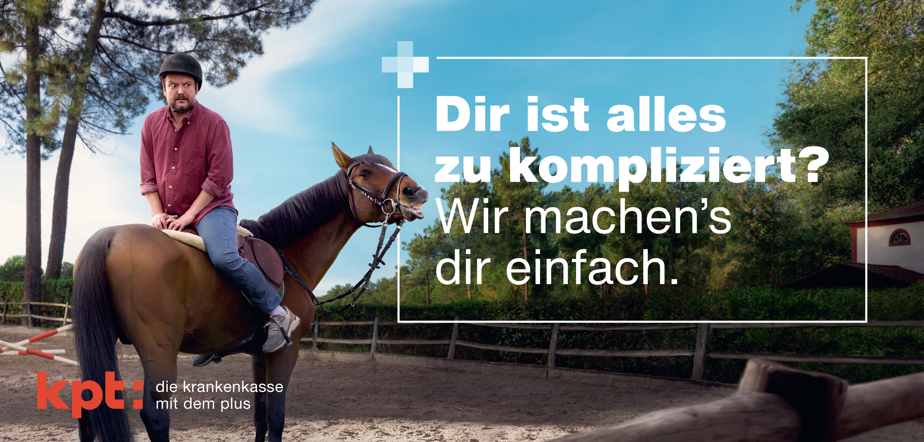 KPT Sujet «Dir ist alles zu kompliziert? Wir machen's dir einfach.» mit Reiter auf einem Pferd