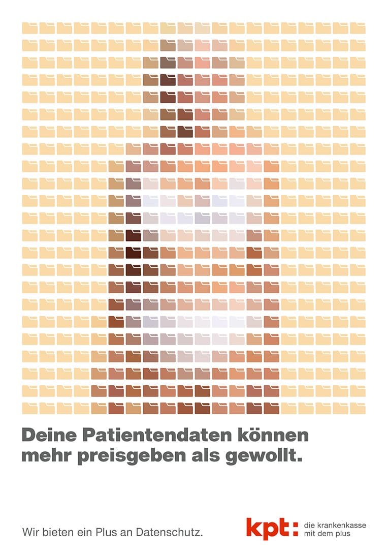 KPT Sujet «Deine Patientendaten können mehr preisgeben als gewollt.» – aus Ordner-Icons zusammengesetztes Bild eines nackten Körpers