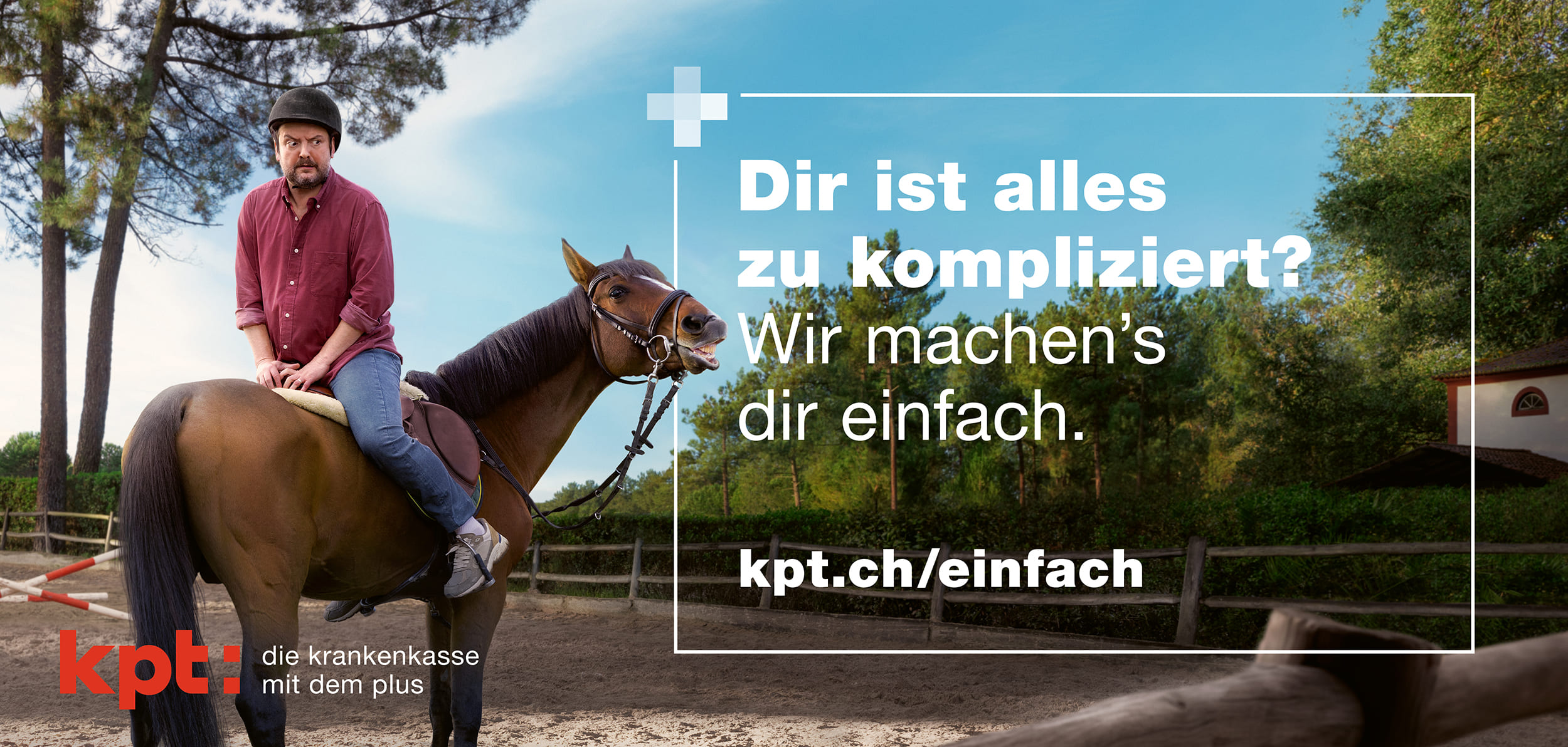 KPT Sujet «Dir ist alles zu kompliziert? Wir machen's dir einfach.» mit Reiter auf einem Pferd