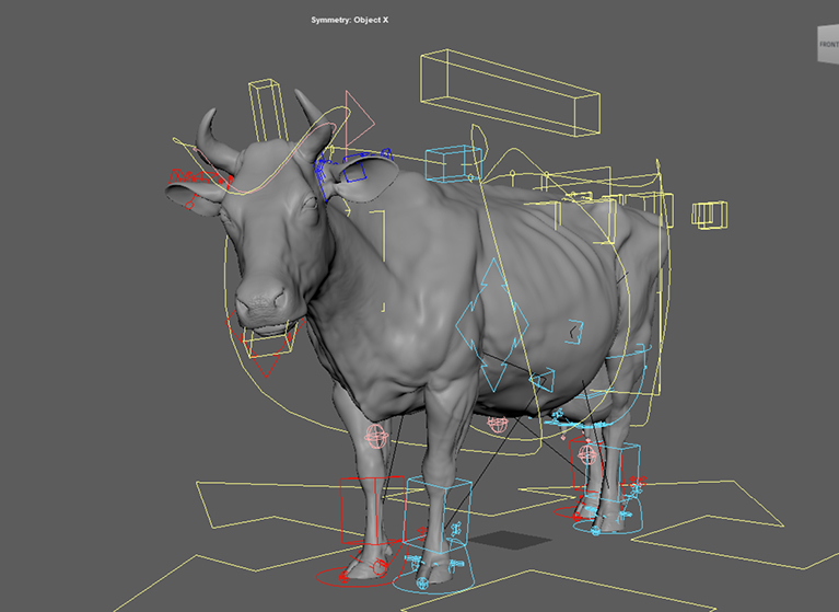 3D-Rig der digitalen Kuh Lovely mit Steuerelementen für Animation und Mimik