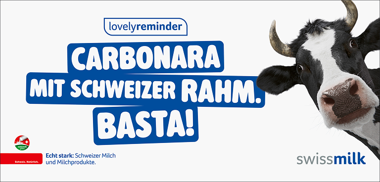 Swissmilk-Plakat «Carbonara mit Schweizer Rahm. Basta!» mit Kuh Lovely