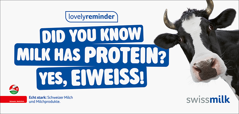 Swissmilk-Plakat «Did you know milk has protein? Yes, Eiweiss!» mit Kuh Lovely