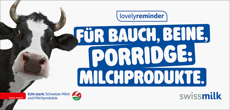 Swissmilk-Plakat «Für Bauch, Beine, Porridge: Milchprodukte.» mit Kuh Lovely