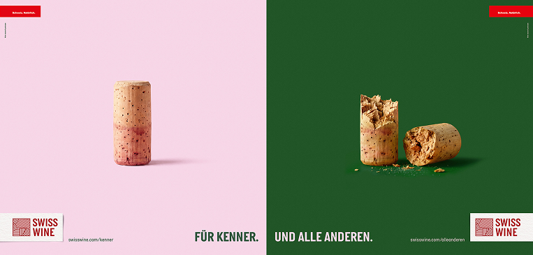 Swiss Wine Sujet: ganzer Naturkorken auf Rosa «Für Kenner.», zerbrochene Korken auf Dunkelgrün «Und alle anderen.»