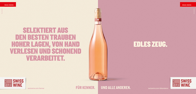 Swiss Wine DOOH-Sujet Rosé: Kenner-Seite in Creme mit Beschrieb der Handlese, Gegenseite in Altrosa mit der Headline «Edles Zeug.»