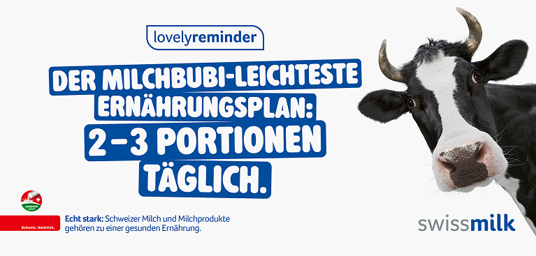 Swissmilk Kampagnensujet: «Der milchbubi-leichteste Ernährungsplan: 2–3 Portionen täglich.» mit Kuh Lovely