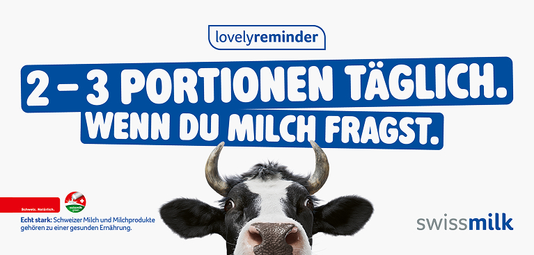 Swissmilk Kampagnensujet: «Dein Körper so: 2–3 Portionen Milchprodukte wären nice.» mit Kuh Lovely