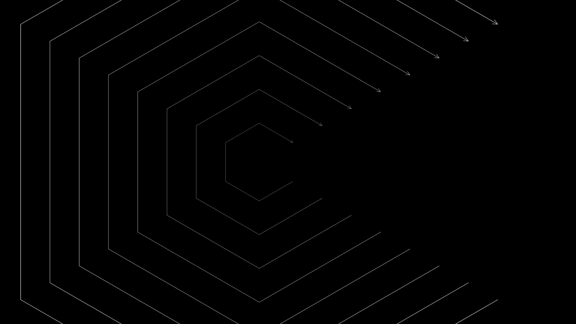 Black background with concentric hexagonal outlines and small arrows extending from each vertex.