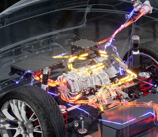 3D visualization of an electric car's internal powertrain and battery system showing wiring and components inside the vehicle frame.