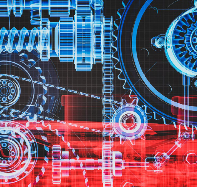X-ray style digital illustration of interconnected gears, cogs, and mechanical parts with blue and red overlays.