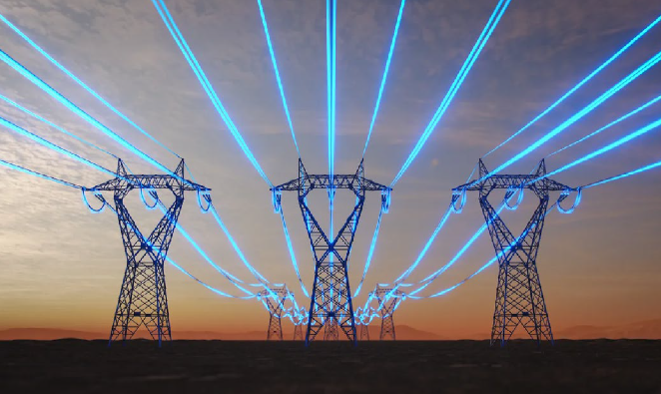 High-voltage power lines on metal pylons with glowing blue electric currents at sunset.