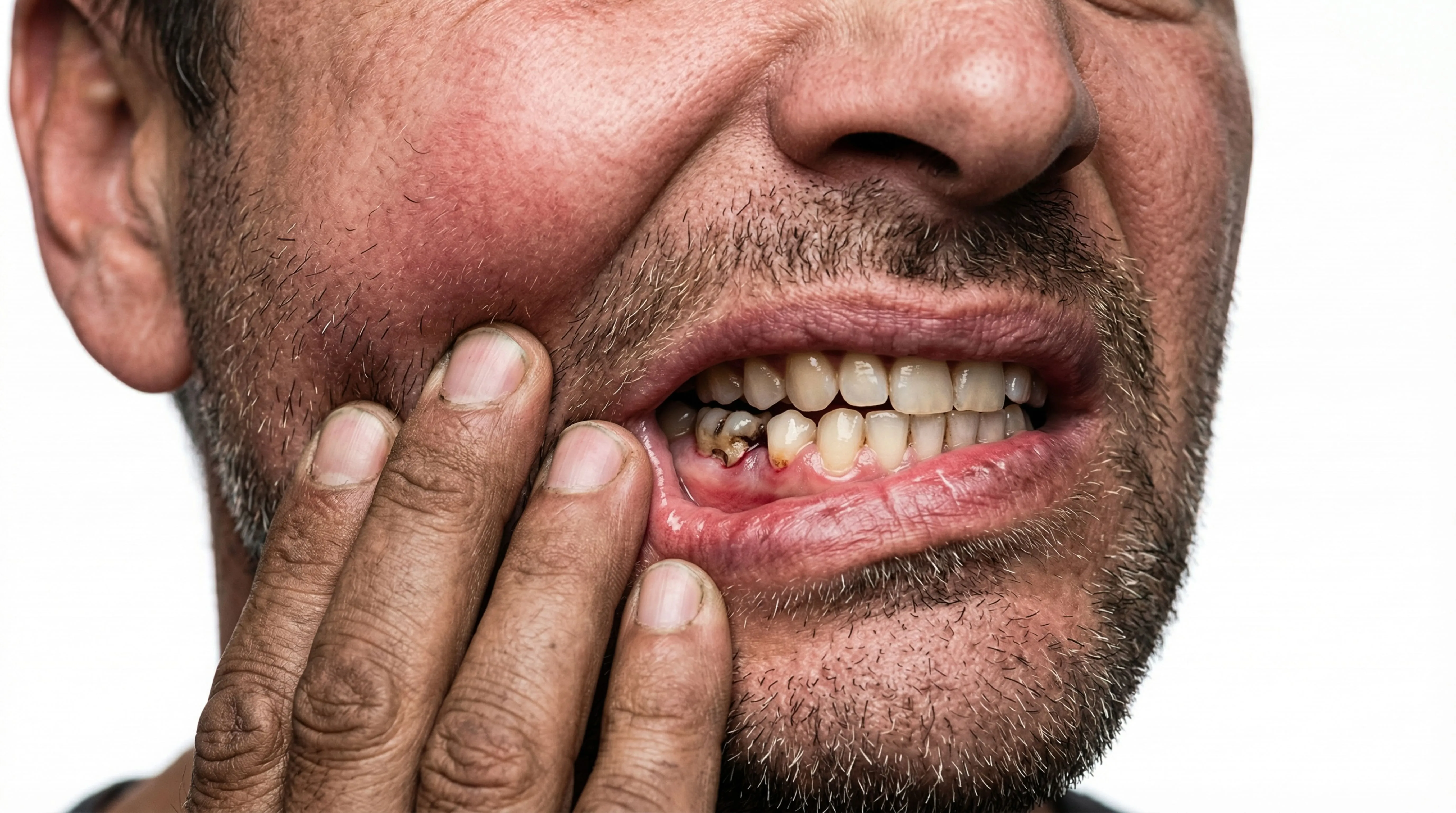 Close-up of a man holding his jaw in pain while showing damaged, decayed teeth and inflamed gums, illustrating signs that require urgent dental care