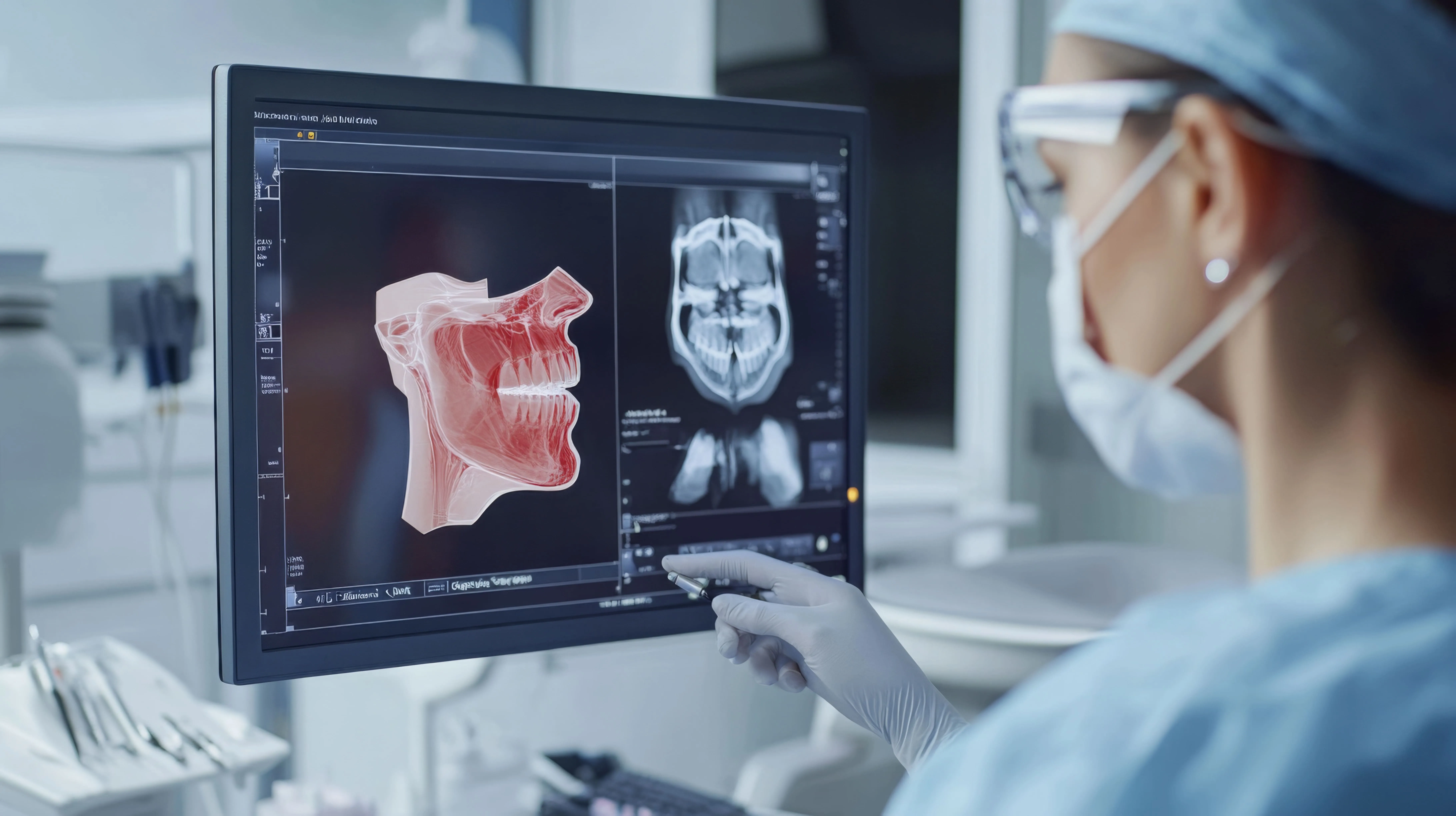 Dental professional reviewing a patient's panoramic X-ray on a screen, representing follow-up planning and management after emergency dental treatment