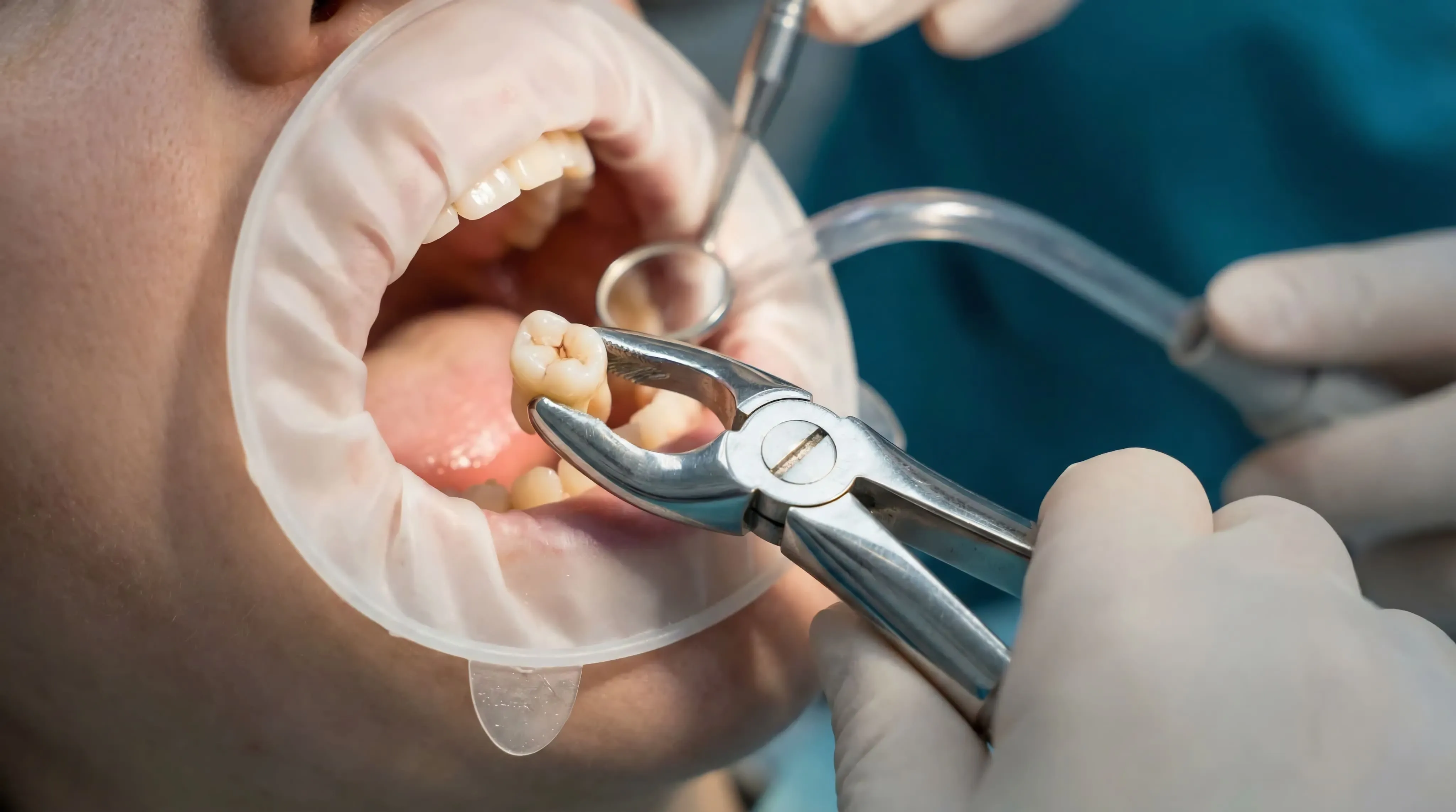 Close-up of a dentist using forceps to carefully remove a tooth from a patient's mouth during a tooth extraction procedure