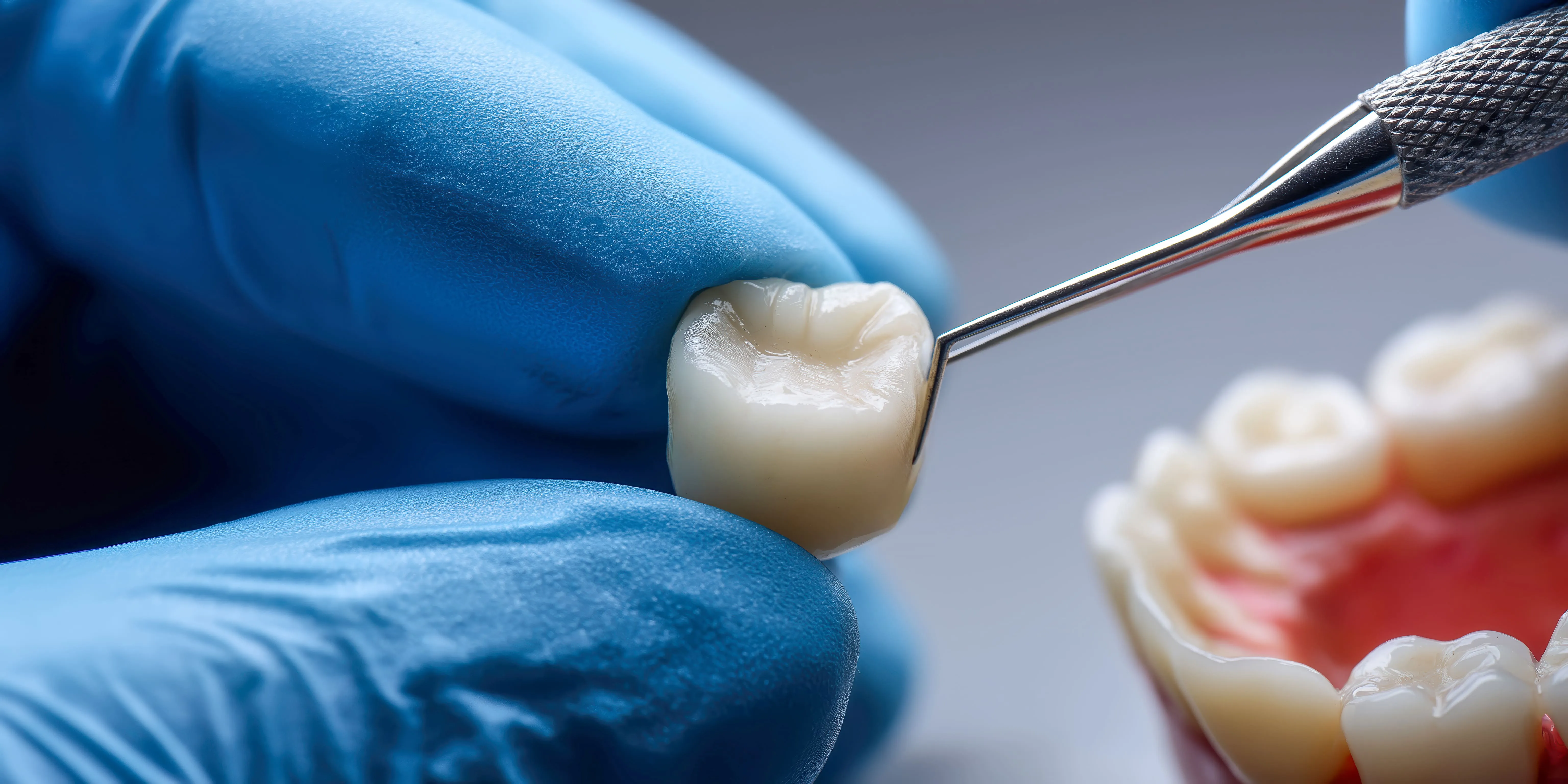Close-up of a dental crown being placed on a damaged back molar, representing restorative treatment included in a smile makeover plan
