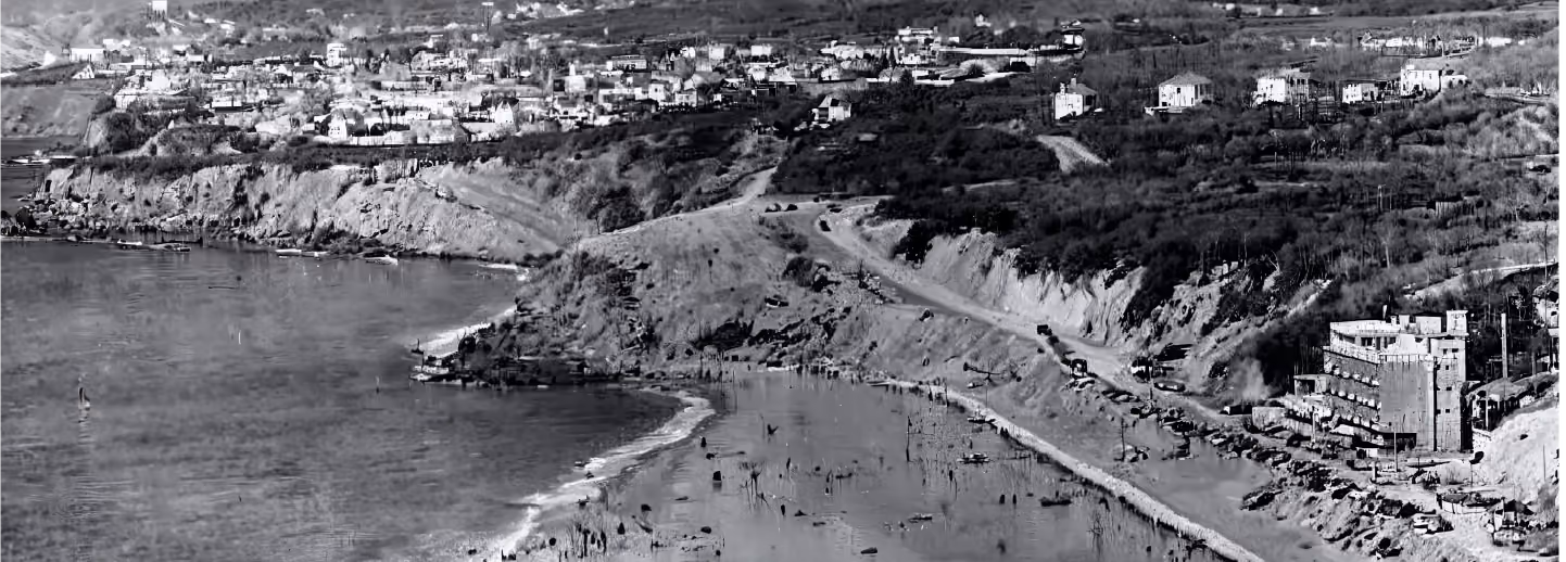 Historic aerial view of Praia Grande beach and Arribas hotel, circa 1966
