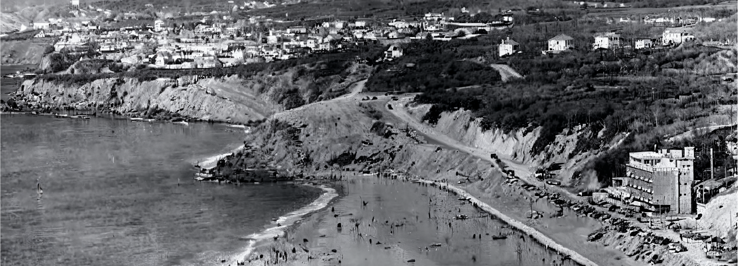 Historic aerial view of Praia Grande beach and Arribas hotel, circa 1966