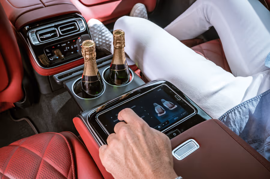 Champagne console detail inside the Mercedes S-Class for an elevated chauffeur experience