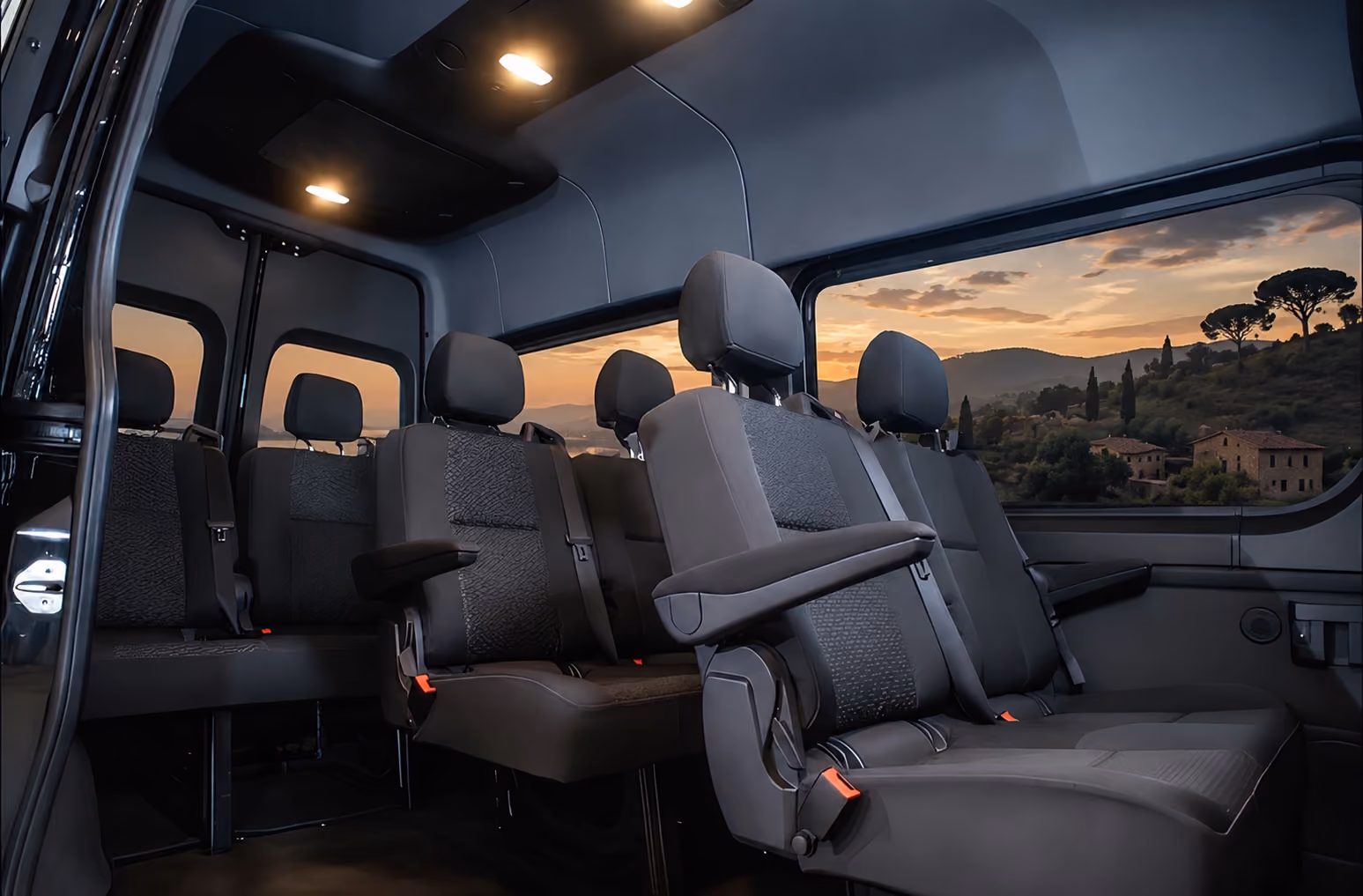 Passenger seats inside the Mercedes Sprinter Van 8 for comfortable private group travel