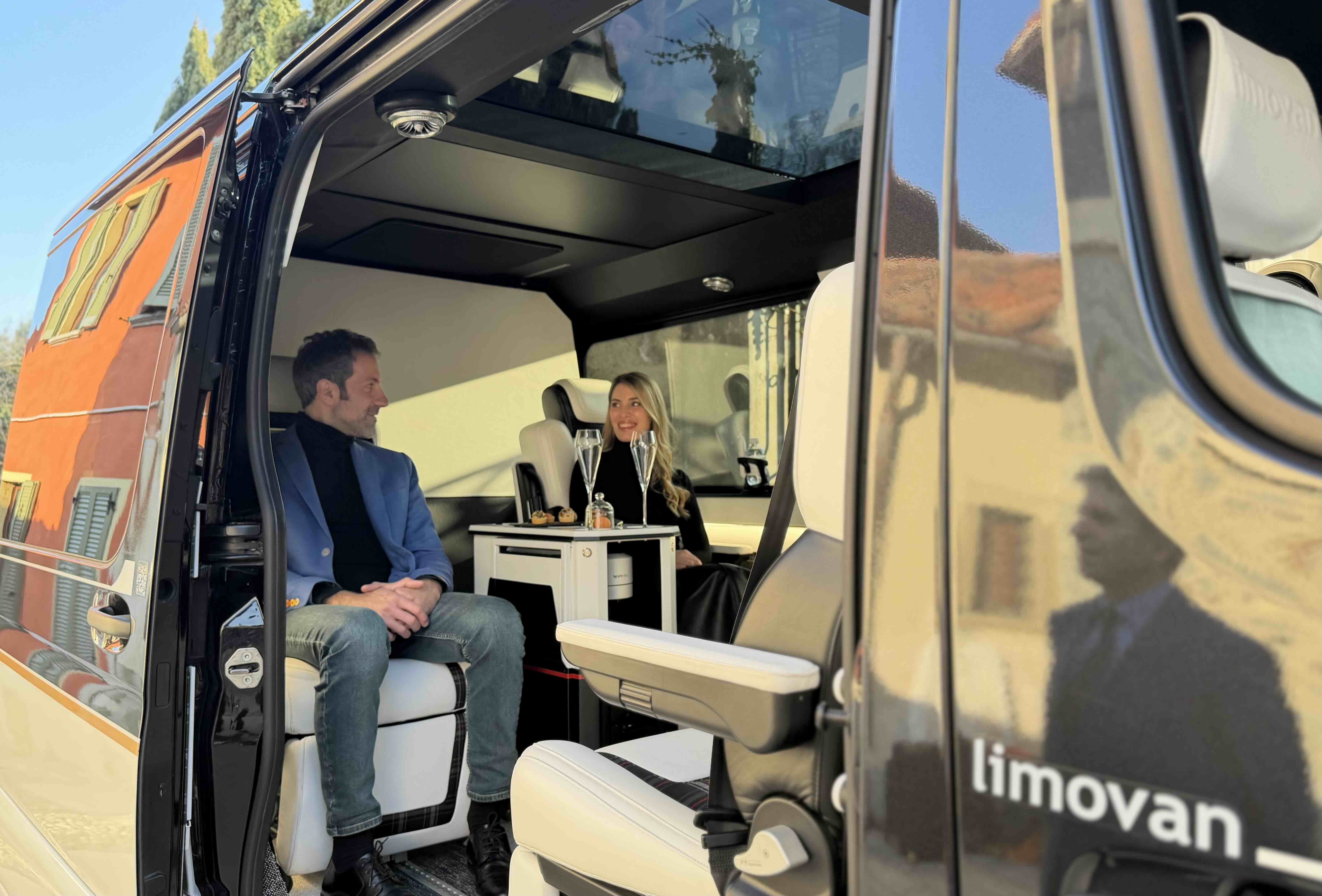 Open door passenger view of the Moveolux Limovan Portofino for luxury private mobility