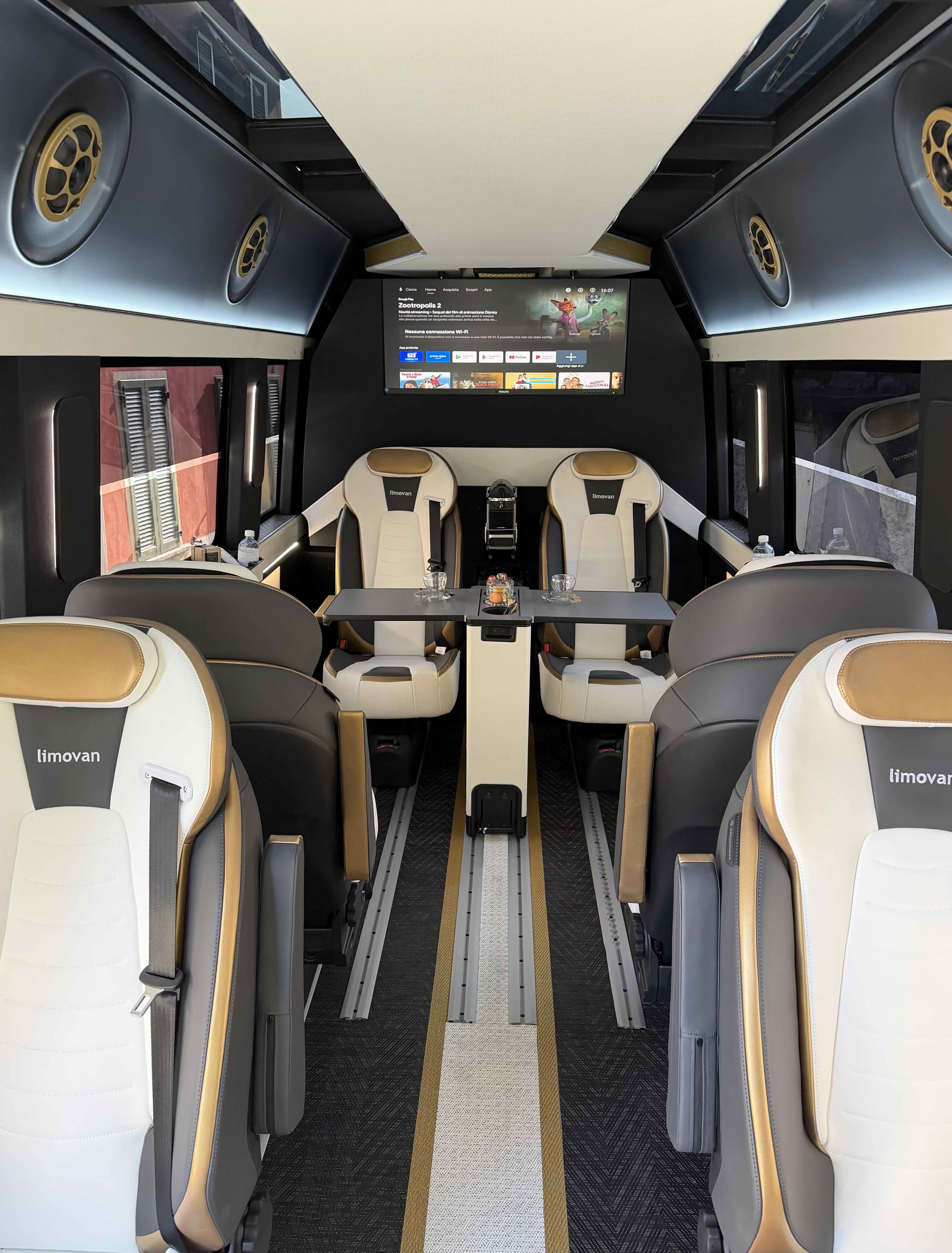 Premium seat layout inside the Moveolux Limovan Black Edition for business and VIP travel