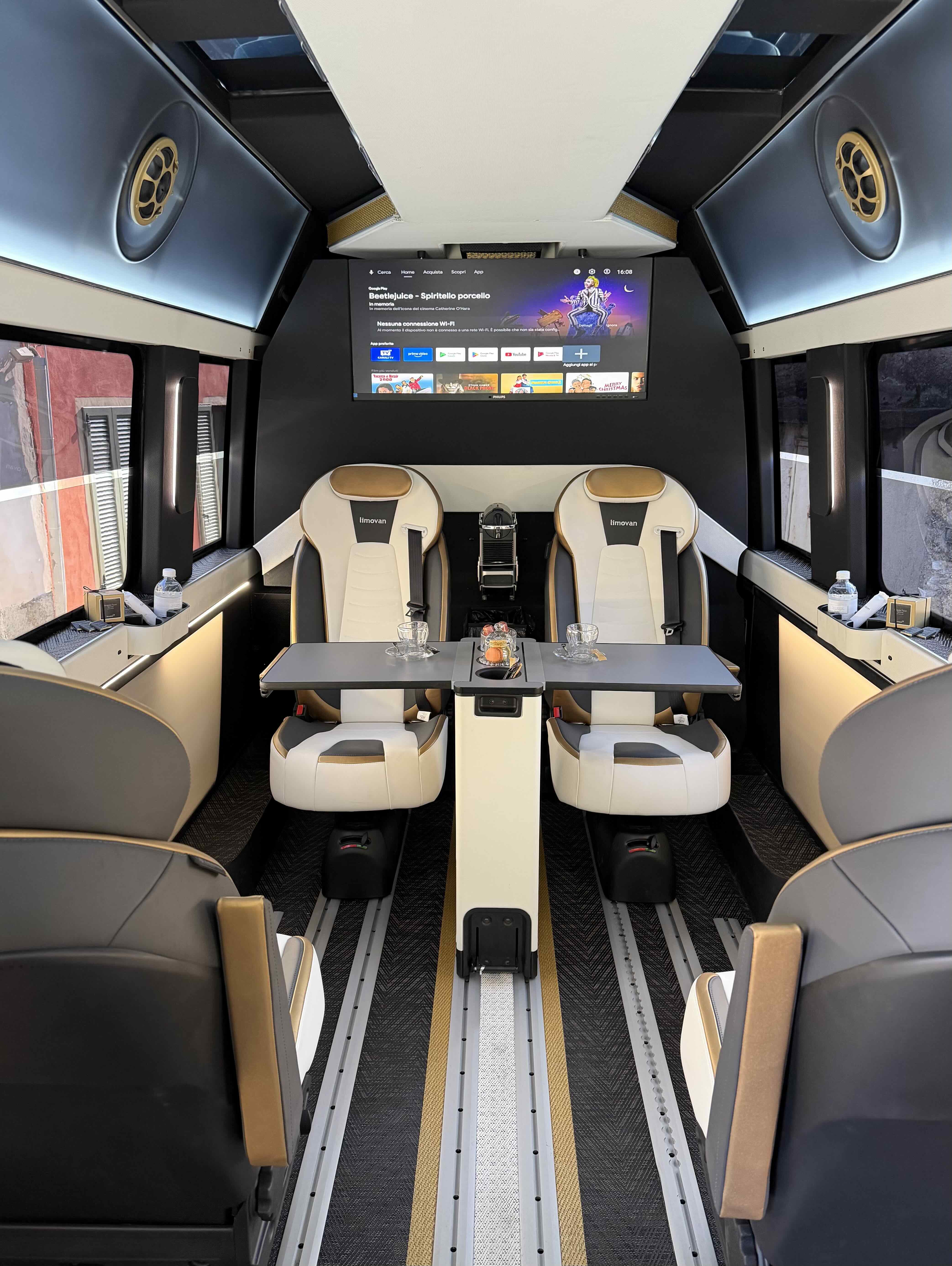 Spacious cabin view inside the Moveolux Limovan Black Edition for private luxury mobility