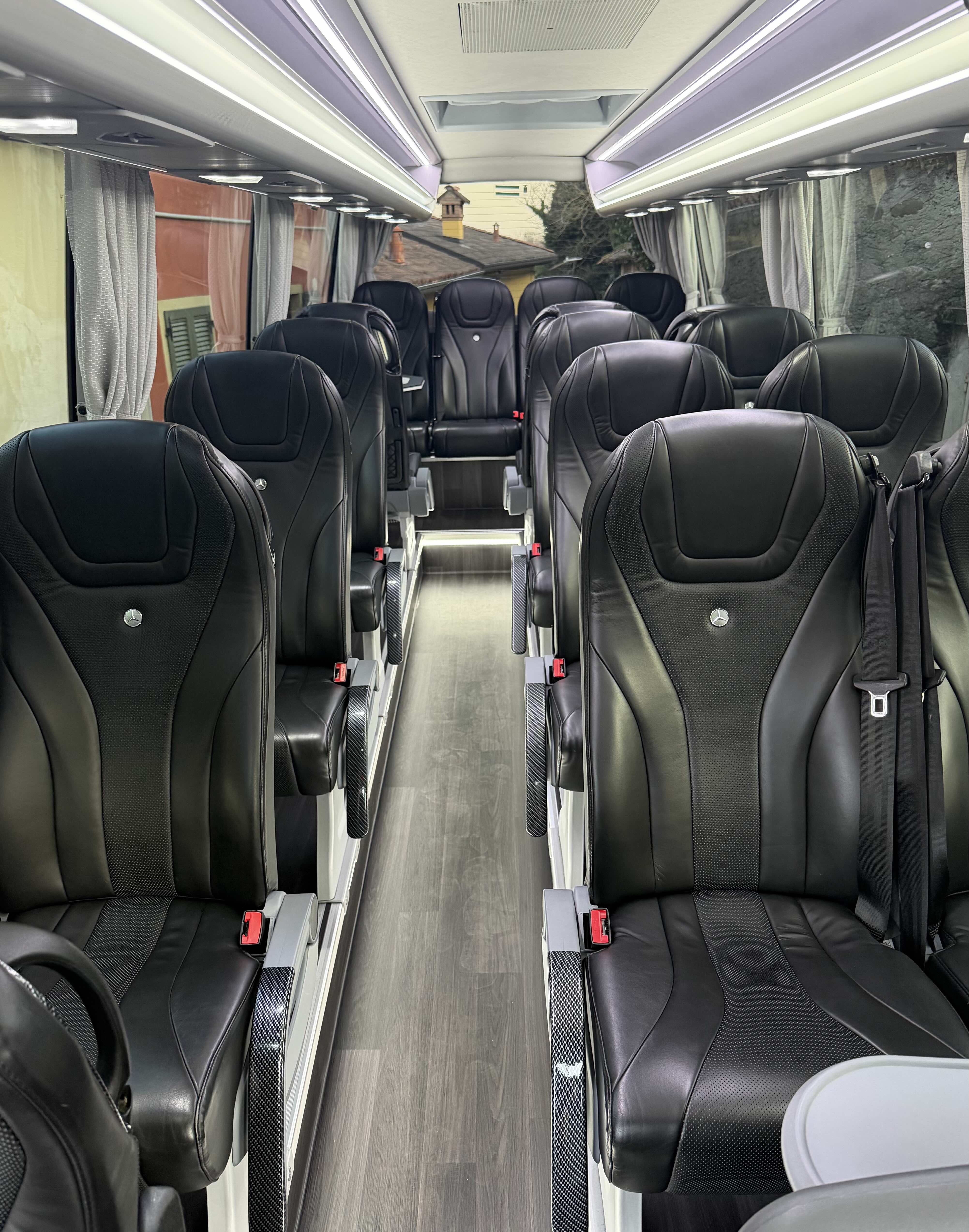 Spacious cabin interior of the Moveolux Luxury Minibus 16 with premium passenger seats