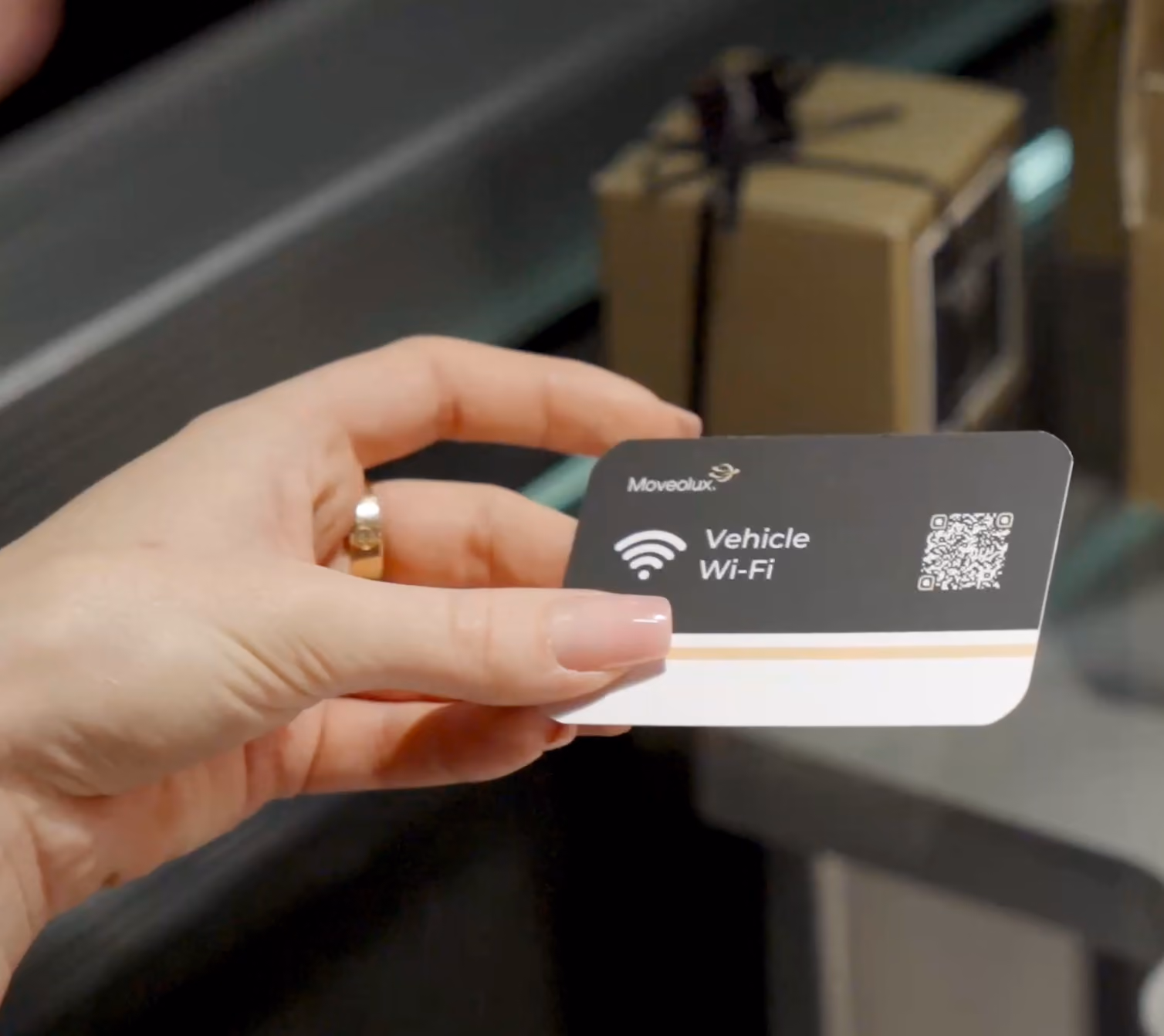 Wi-Fi card detail inside the Moveolux Luxury Bus 28 for connected group journeys