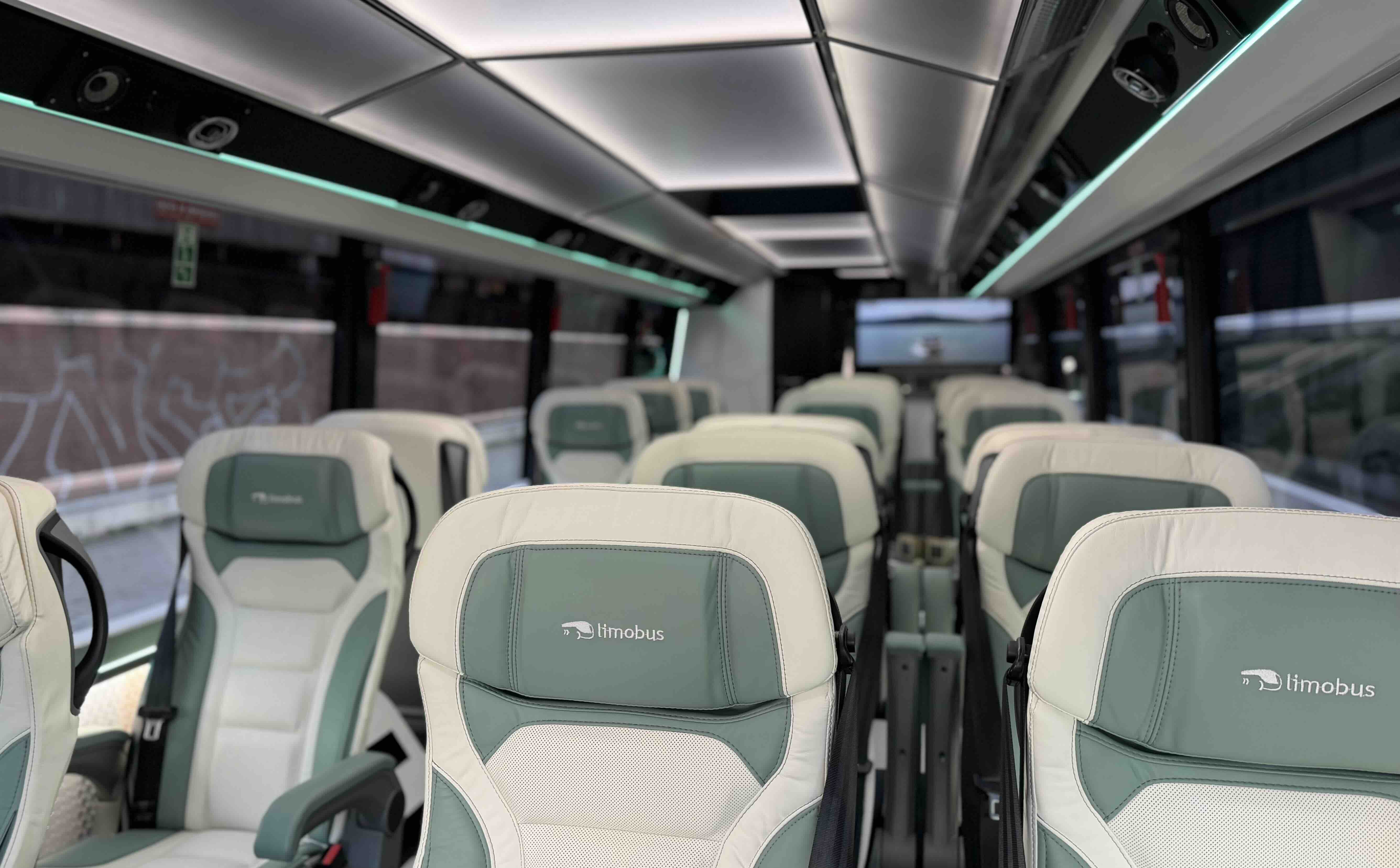 Lounge seating interior of the Moveolux Limobus Seabreeze 18 for custom luxury coach travel
