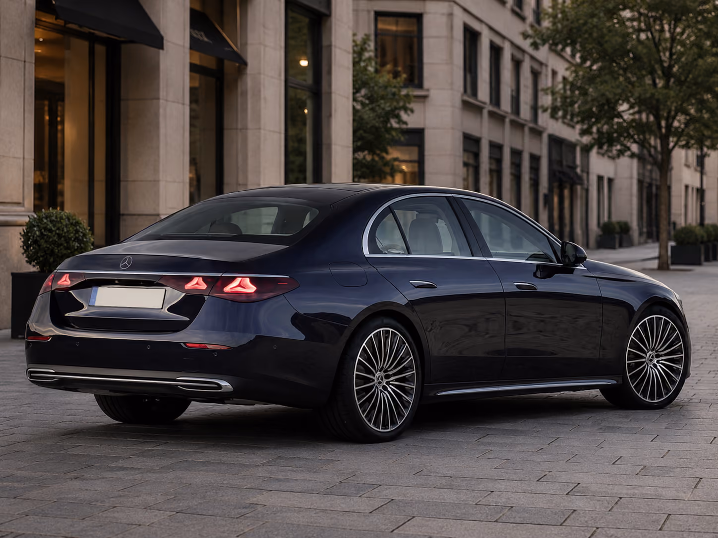 Rear exterior view of the Mercedes E-Class for premium self-drive executive travel