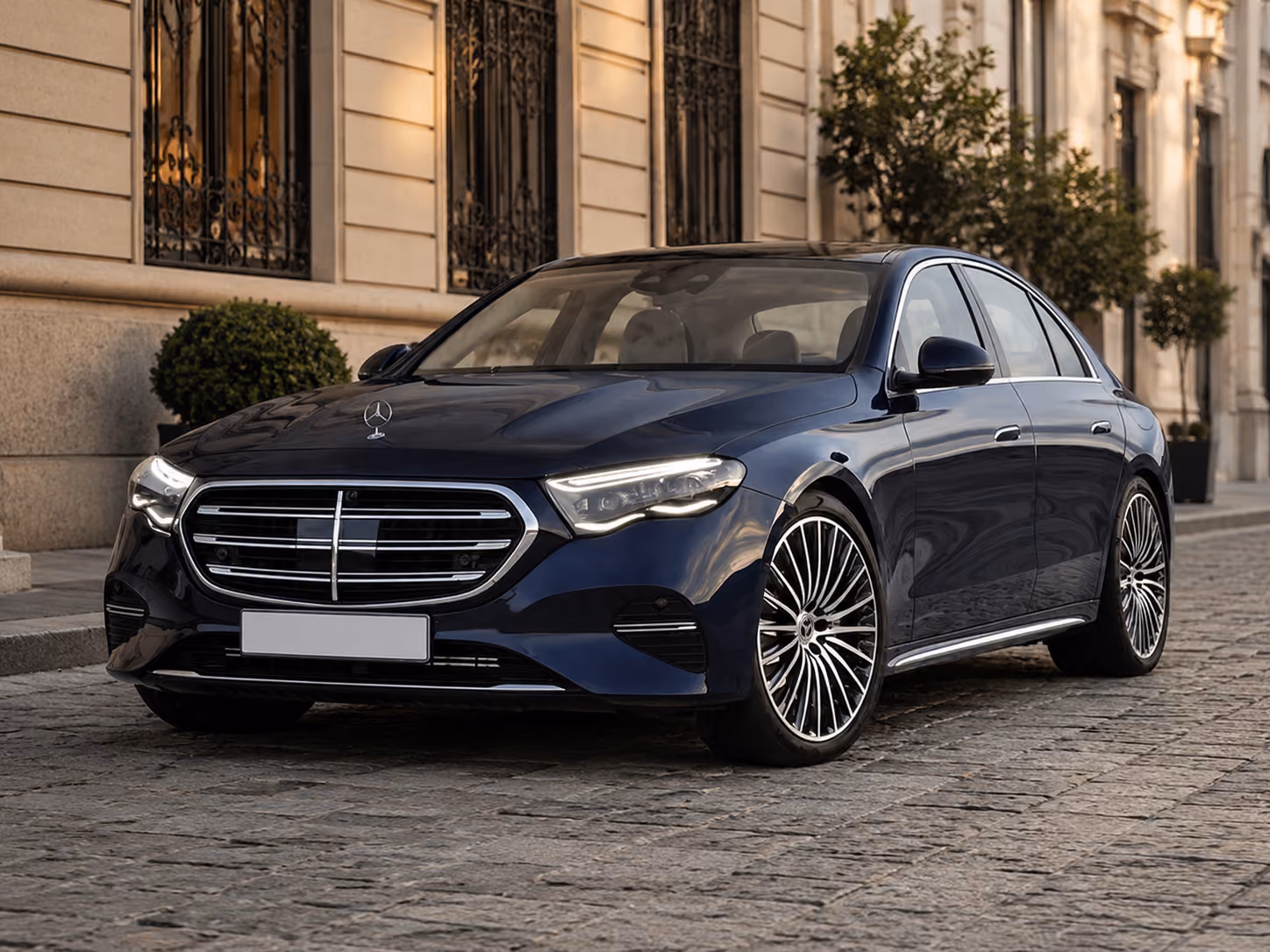 Front exterior view of the Mercedes E-Class for elegant self-drive rental