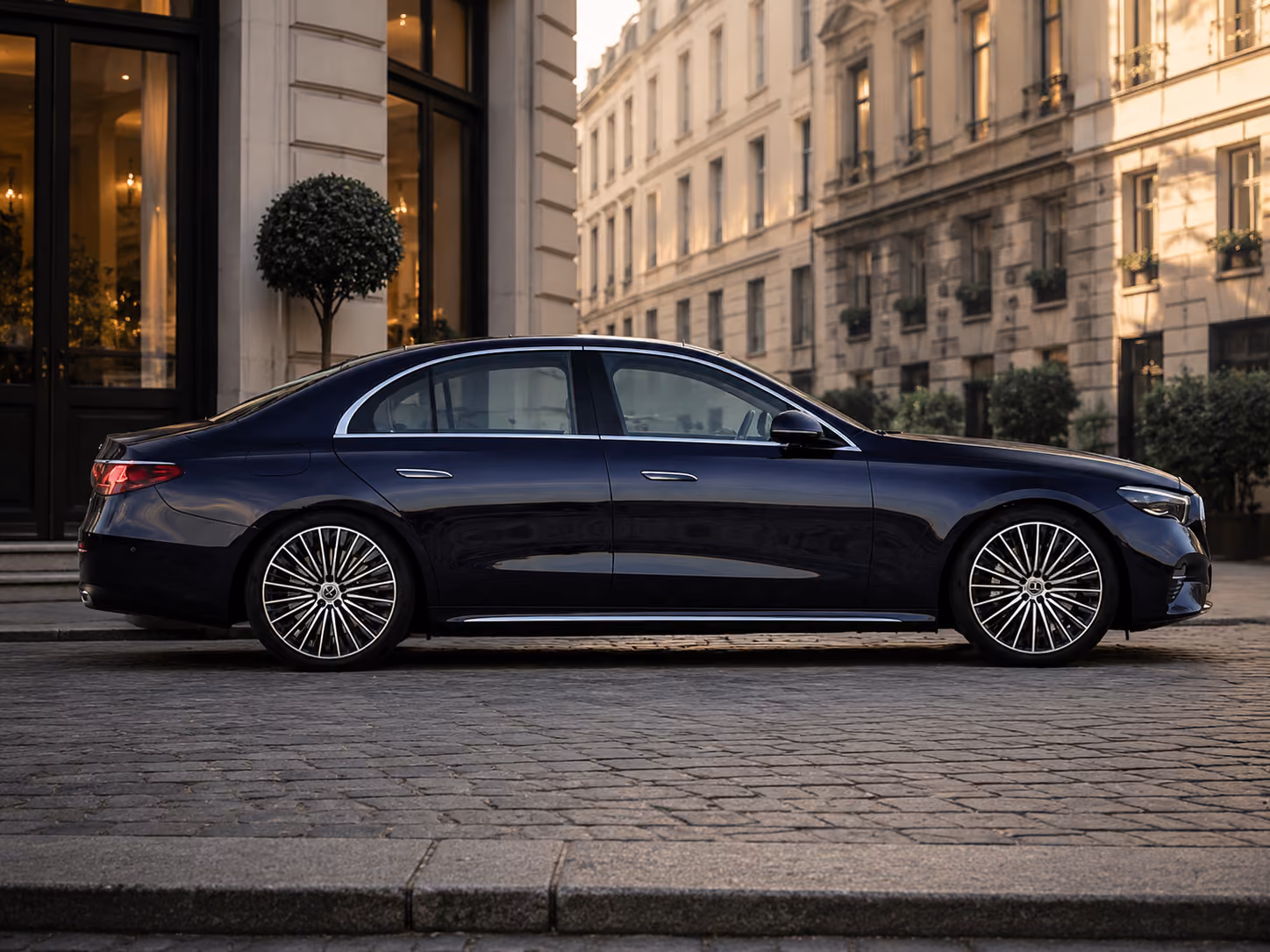 Side profile of the Mercedes E-Class for premium city travel and self-drive rental