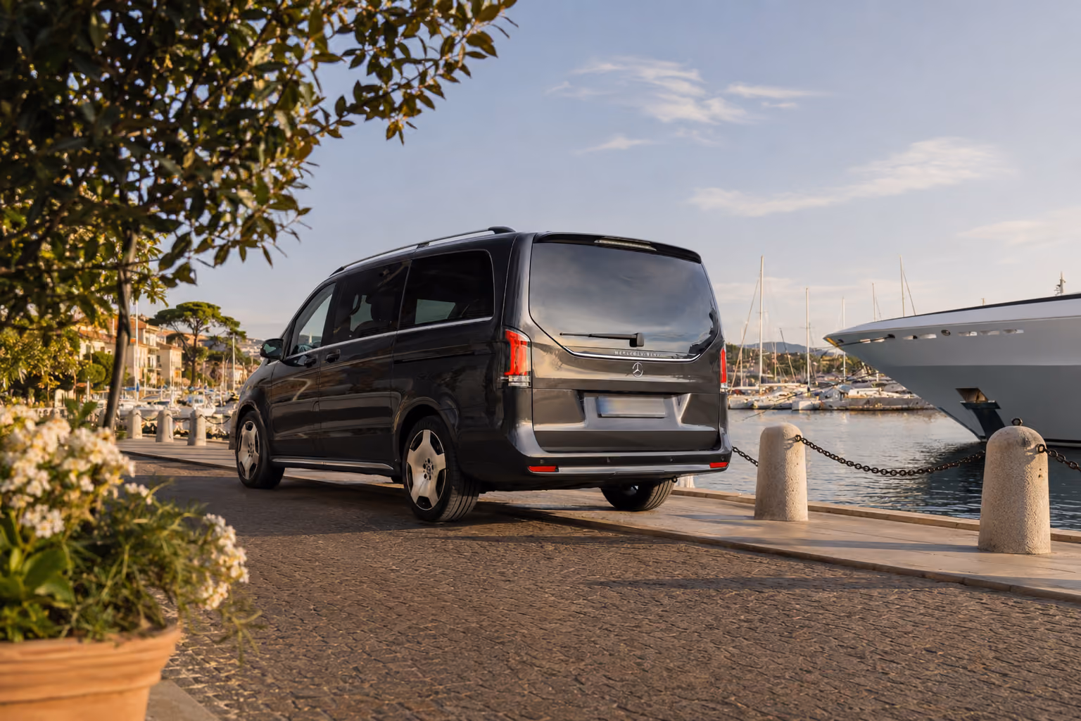 Mercedes V-Class arriving by the marina for flexible self-drive group mobility