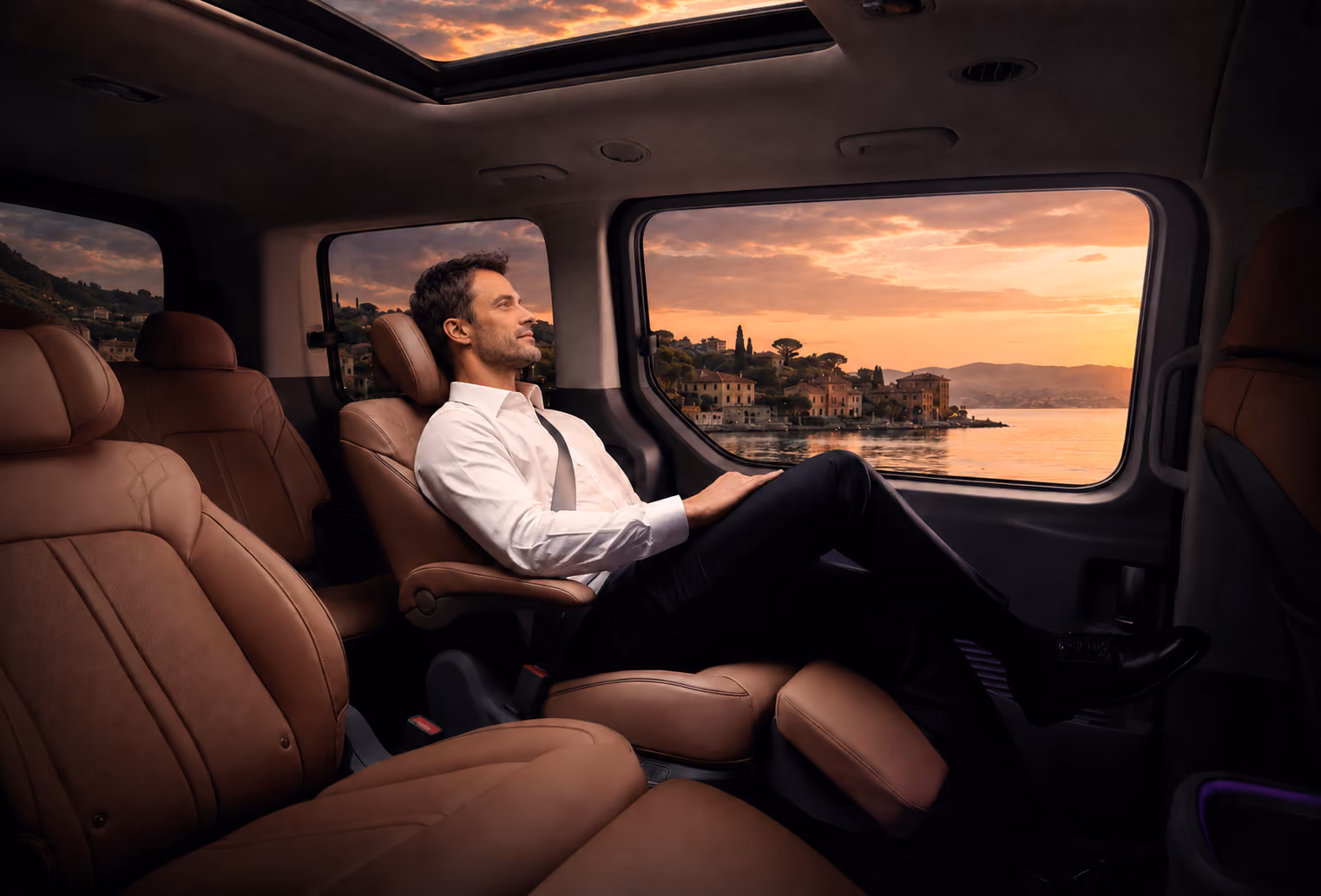Hyundai Staria interior with passenger comfort for premium self-drive journeys at sunset